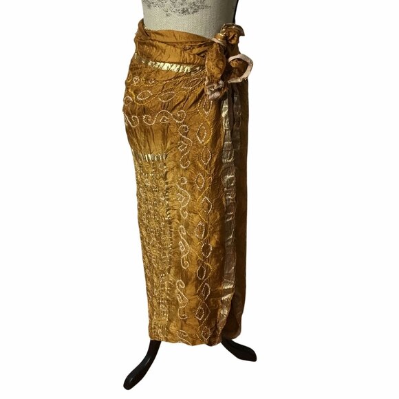VTG Silk Bandhani Dupatta Shawl Gold Crinkle Wrap Zari Border India Artisan Boho - Picture 6 of 10